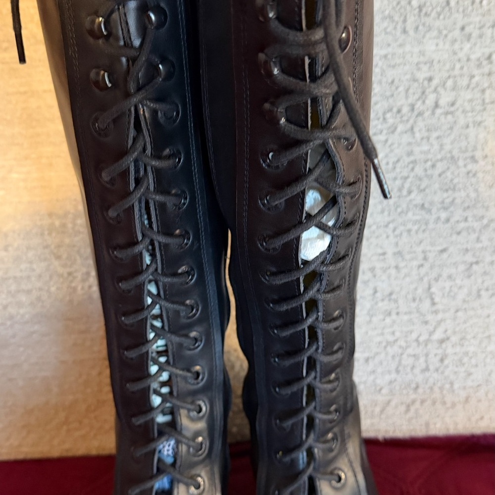 “VINTAGE” DESTROY ,PLATFORM LACE UP TALL BLACK LEATHER RETRO BOOTS Size 8.5 Y2K - Picture 3 of 11